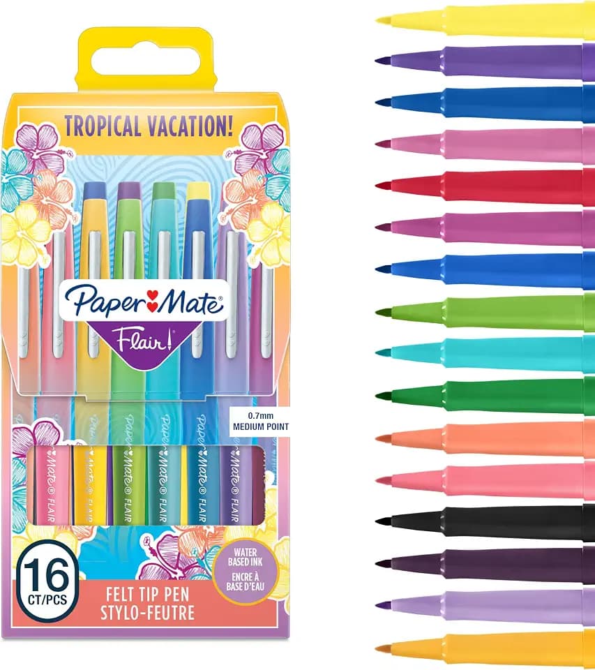Paper Mate Flair Filzstifte | mittlere Spitze (0,7mm) | Tropical Farben | Stifte Tasche mit 16 Stiften