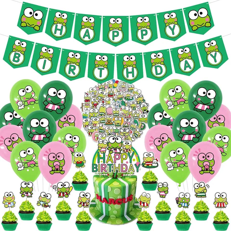 Keroppi Birthday Party Decorations, 83pcs Keroppi Frog Supplies with banner, Cupcake Toppers, Balloons and Stickers for Big-Eyed Frog Theme Fans Birthday Shower Party
