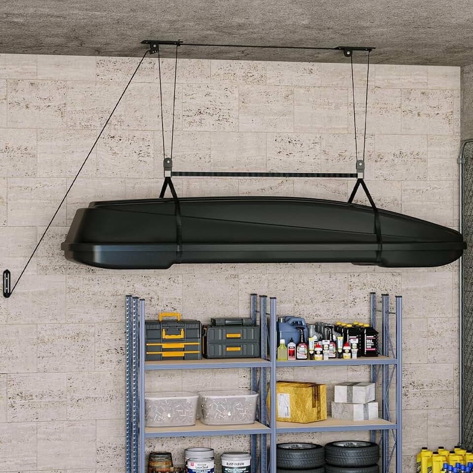 PrecisionAuto Cargo Box Garage Pulley System, Professional Heavy-Duty Ceiling Hoist for Rooftop Cargo Boxes & Large Storage Bins, 150 Lb Rated Capacity, Fits 8–10 ft Garage Ceilings