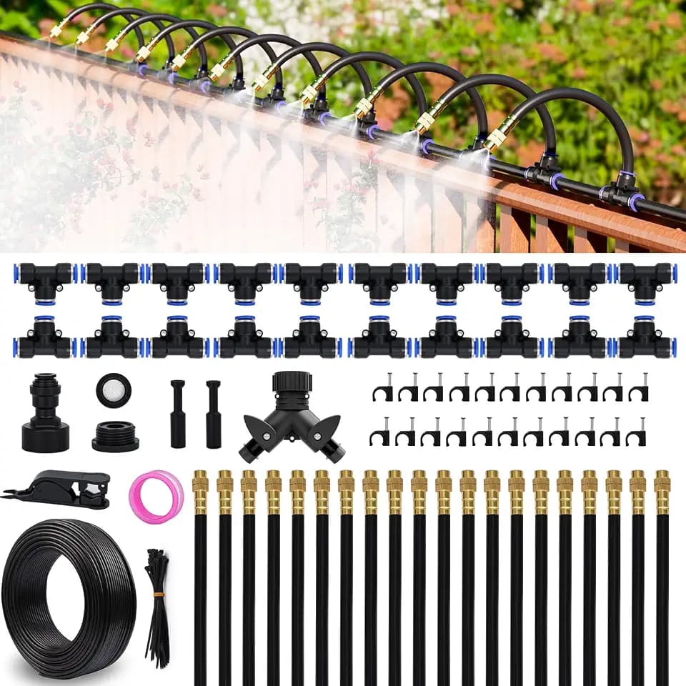 Drip Irrigation System Kit 100 FT with 32 Nozzles, 360° Adjustable Bendable Garden Watering Misting System for Greenhouse, Yard, Lawn, Plant, Garden, 5/16 inch Hose (OD: 8mm)