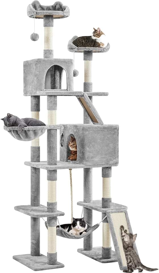 Yaheetech Kratzbaum für Katzen, Höhe 209 cm, aus Spanplatte und Sisalseil, mit Sitzstangen und Hängematte zum Spielen und Nickerchen, mehrstufig, hellgrau