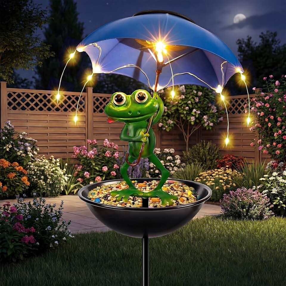 Solar Bird Feeder Frog Garden Decor, Outdoor Solar Lights Frog Figurine Lights with Umbrella, Hummingbird Feeder Decorative Path Lights Gardening Gifts for Women, Yard Art Ornament Bird Feeder