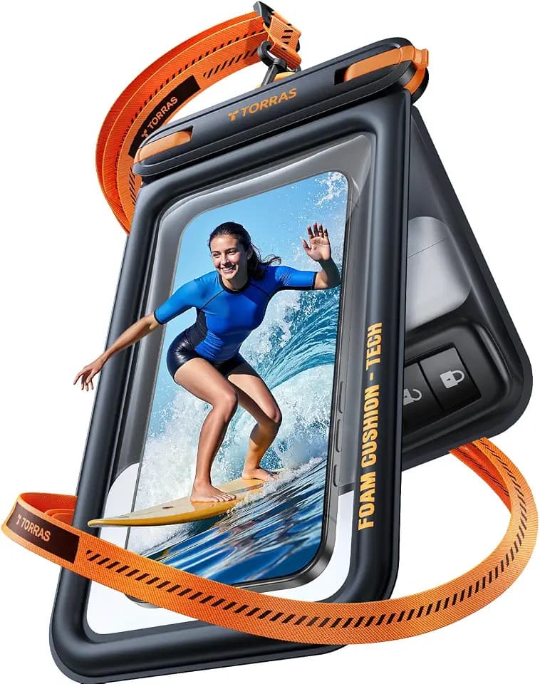 TORRAS wasserdichte Handyhülle [5D-Doppelfach], 7.9'',Schwarz | IP68-zertifiziert, zwei getrennte Fächer, schwimmfähig bis 500 g, präziser Unterwasser-Touch, kratz- und abriebfest