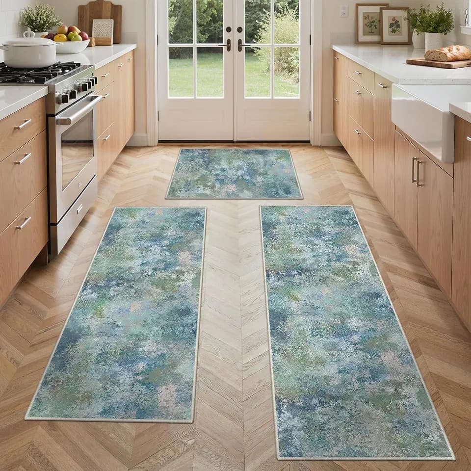 GENIMO Kitchen Rugs Sest of 3, Washable Non Slip Mats, Blue