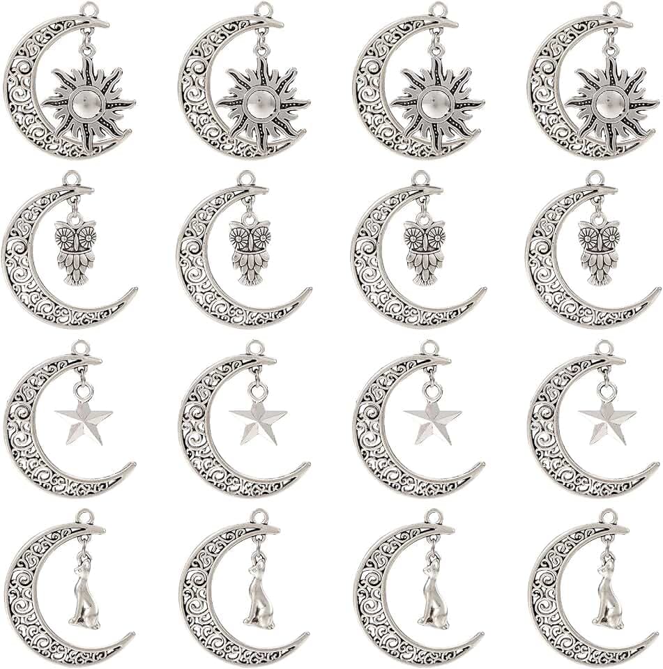 Cheriswelry 20Pcs Tibetan Moon Charms Hollow Moon with Star Sun Owl Cat Pendants Antique Silver Vintage Hang Ornaments 4 Styles 41mm for Necklace Earring Jewelry Making DIY Crafts
