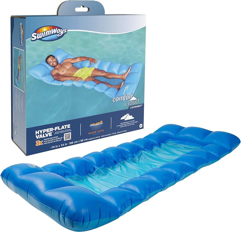Swimways Comfort Cloud Pool Lounger with Fast Inflation & Headrest Pillow, Oversized Inflatable Pool Floats for Adults