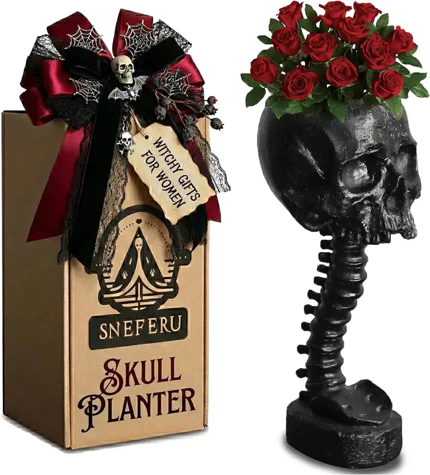 Skull Planter Spine Gothic Vase - Black Skull Candy Bowl, Horror 11.6" Halloween Flower Vase Goth Decor, Spooky Home Decor Skeleton Planter Pot, Candle Holder, Spooky Gifts For Women, Men, Girlfriend.