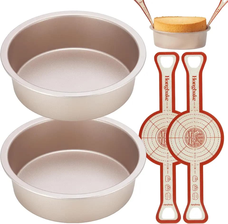 HONGBAKE 8 Inch Round Cake Pan Set for Baking with 2 Pcs Silicone Baking Sling Mats, Nonstick Circle Cake Pans Set of 2, 2.5" Deeper Layer Cake Tin for Oven, Cheesecake Mold, Huty Duty, Gold