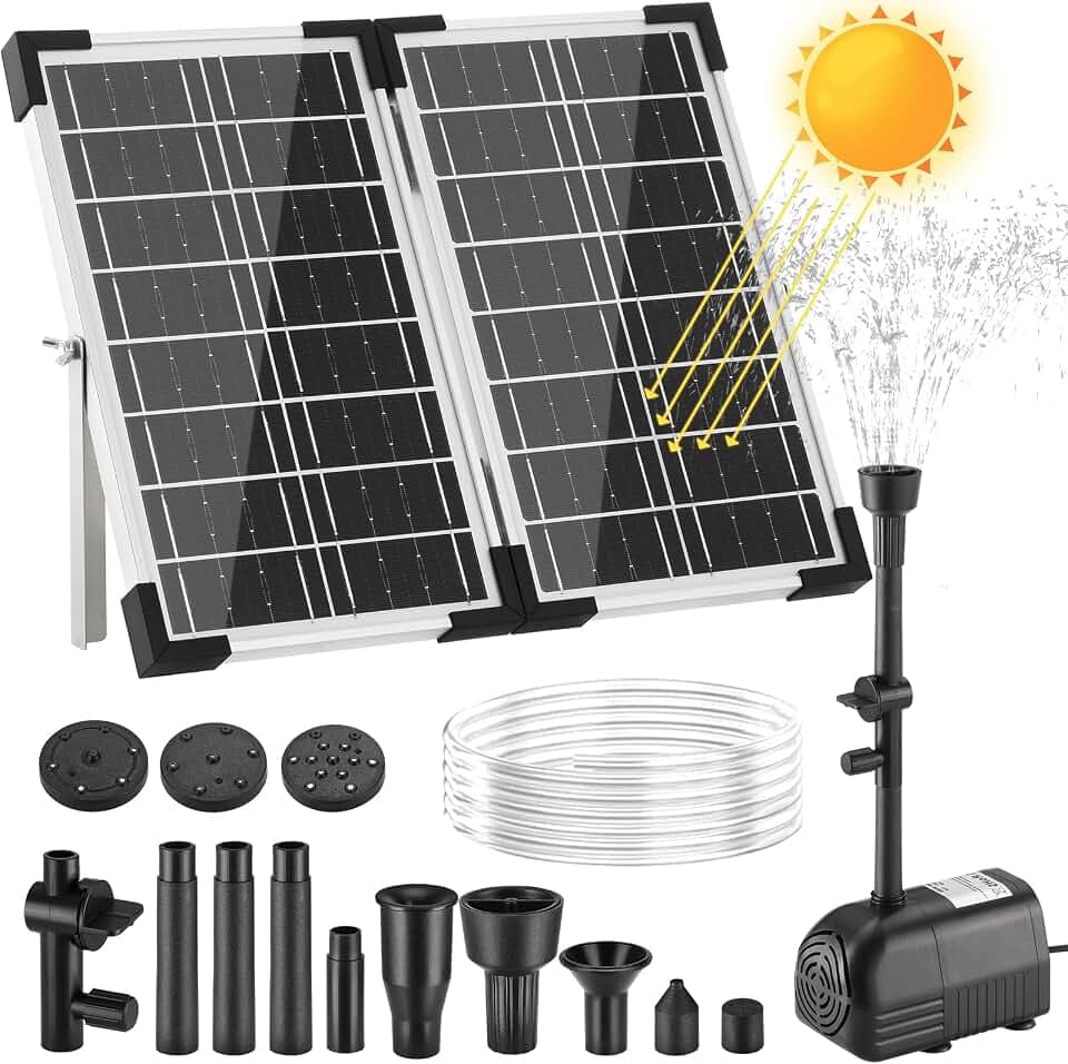 Clevich 20W Solar Springbrunnen für Außen, 230L/H Maximale180cm Höhe Teichpumpe Solar mit 4+4 Düsen & 2 Ersatzfilter, 1.5M Wasserleitung 5M Kabel DIY Mittelgroße Gartenteiche (5-10㎡),Vogelbad Brunnen