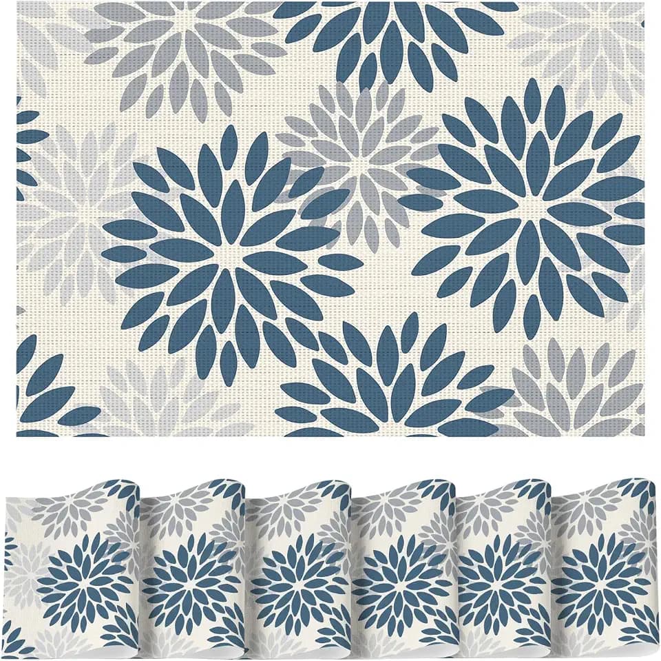 Artoid Mode Floral Vinyl Plistic Placemats Set of 6, Washable Heat Resistant Non-Slip Woven Plastic PVC Place Mats for Farmhouse Holiday Party Kitchen Dining Decor
