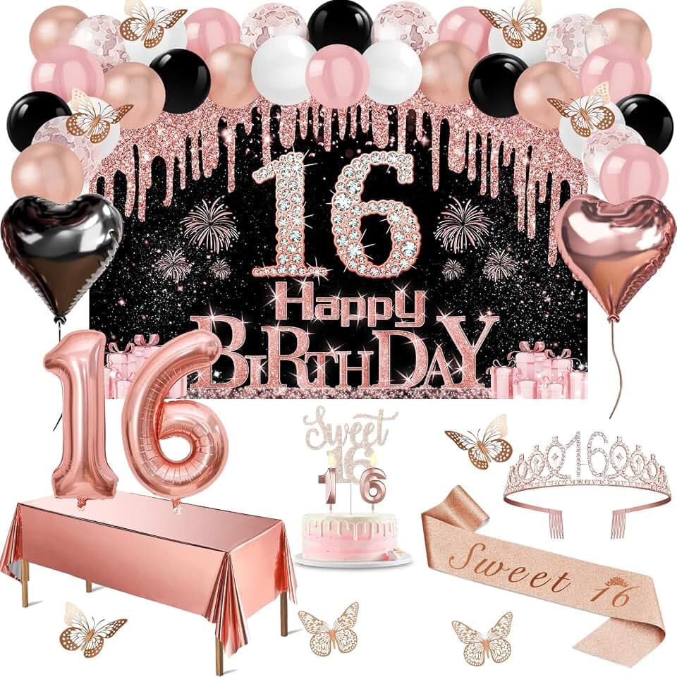 Amosking 16 Geburtstag Mädchen Deko Roségold Schwarz 49pcs