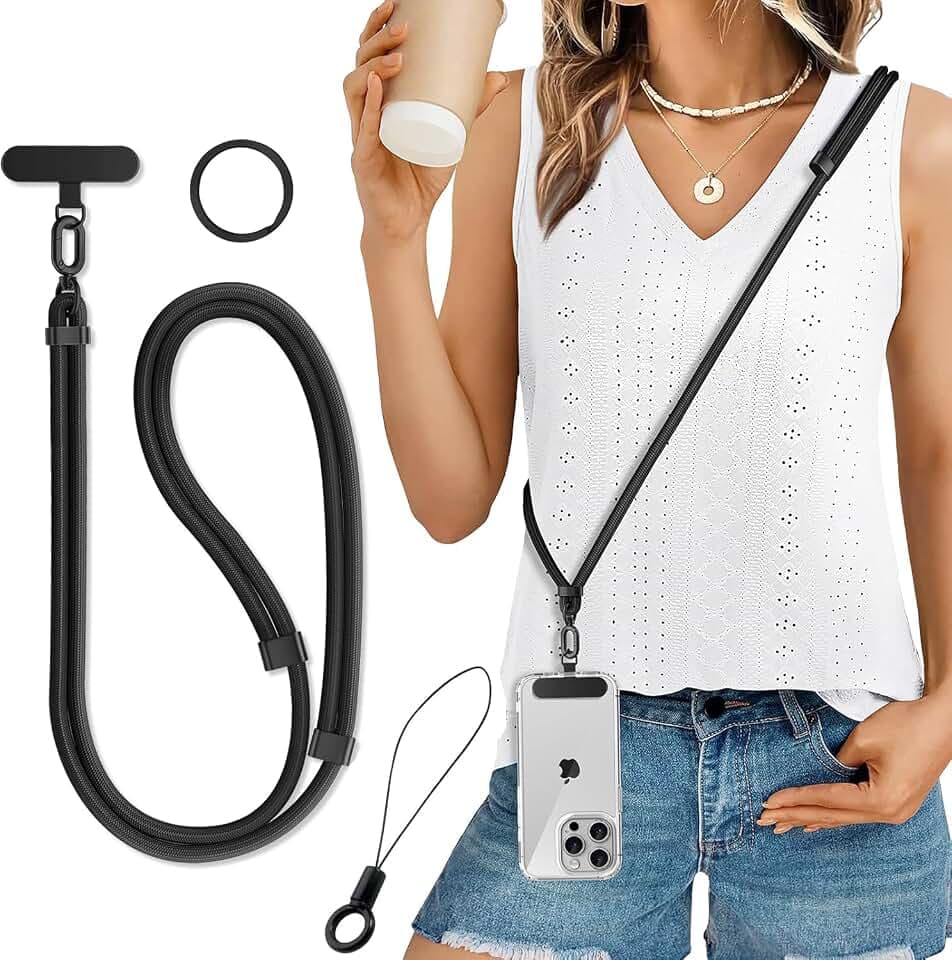 Handykette Universal Verstellbar Handyband zum Umhängen Handy Kette Lanyard Umhängeband für Damen Herren mit Patch Kordel für iPhone Samsung Xiaomi Sport Reise Outdoor Angenehm Schwarz