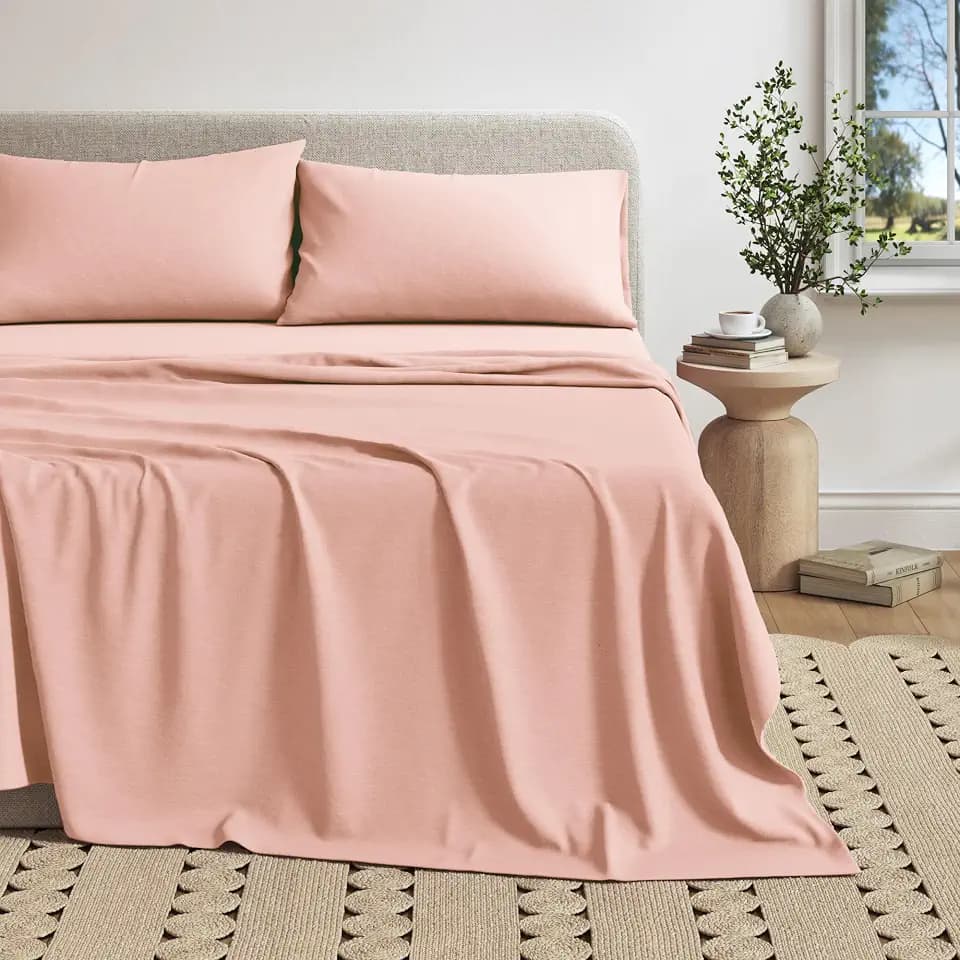 Great Bay Home Cotton Jersey Knit California King Sheet Set - Ultra-Soft, Stretchy, Heathered Melange Bed Sheets - Cozy, Soft T-Shirt Sheet & Pillowcase Set (Blush Pink)