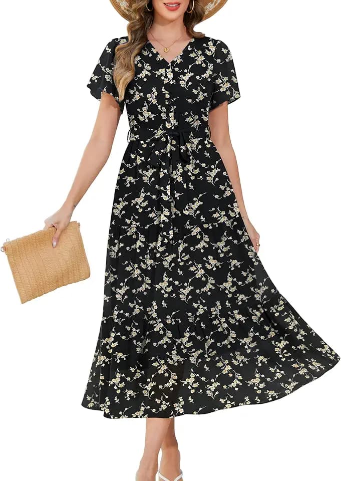 Annebouti Women Spring Summer 2026 Wedding Guest Removable-Belt Chiffon Button-Front Elegant Maxi Dress with Pockets