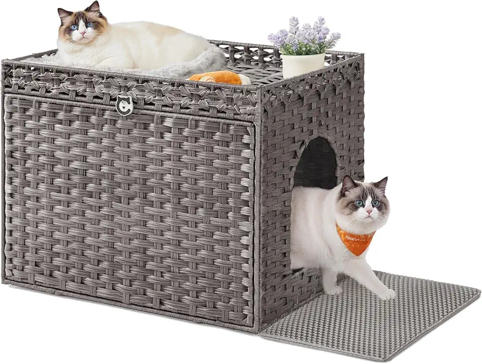 Feandrea Cat Litter Box Enclosure, Handwoven Rattan End Table, Extra Mat