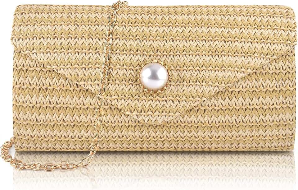 PACETAP Straw Clutch Purse for Women, Pearl Decoration Boho Crossbody Bags Handbags for beach,vacations,Daily Leisure,Dating