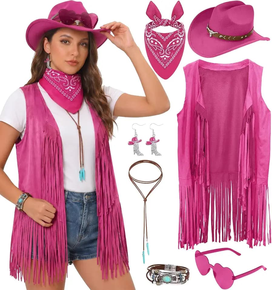 Western Cowgirl Outfits for Women Long Fringe Sleeveless Vest Retro 70s Cowboy Accessories Hippie Country Set 7PCS