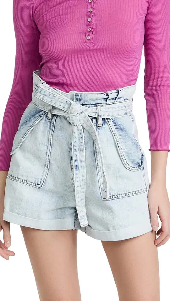 [BLANKNYC] Women's Pleated Denim Paper Bag Cuffed Shorts with Self Belt, Stylish & Designer Clothing
