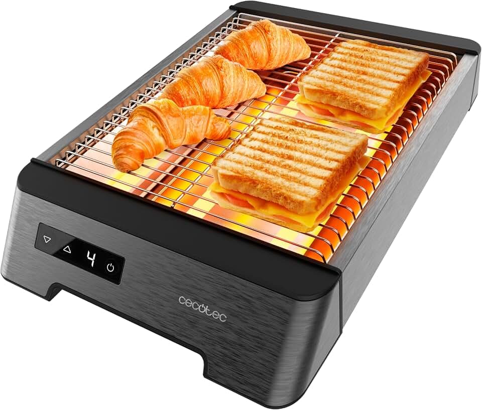 Cecotec Horizontaler Brotröster - Flacher Toaster mit 3 taktilen NiceSlice Touch-Widerständen. 1000W, alle Arten von Brot oder Gebäck, Quarzwiderstände, Edelstahl-Finish, 6 Bräunungsstufen.
