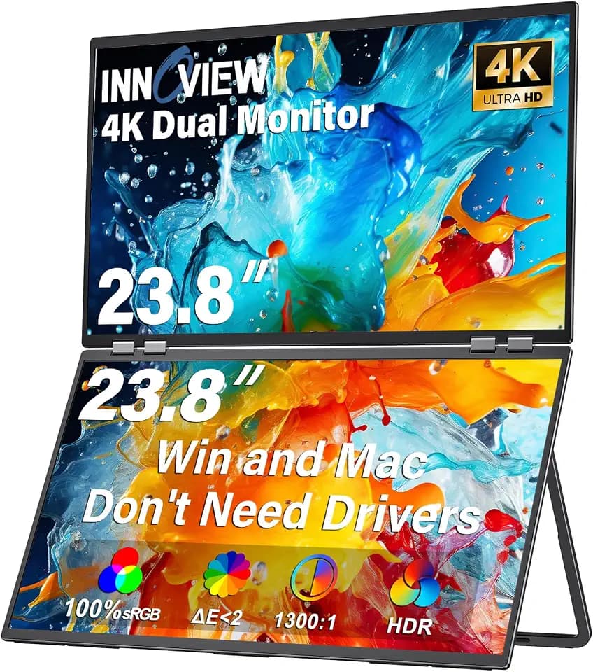 InnoView Dual Portable Monitor 23.8" 3840x2160P 4K 100% sRGB 315°Adjustable Dual Stacked Foldable Monitor Built-in Speakers Screen Extender with HDMI/USB-C/DP for Laptop Windows Mac