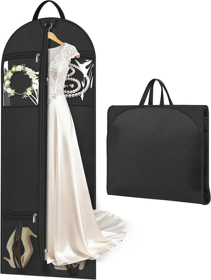 MISSLO 65" Dress Bags for Gowns Long with 4 Large Pockets Garment Bags for Travel for Women Heavy Duty Wedding Dress Bag for Hanging Clothes Garment Covers, Black