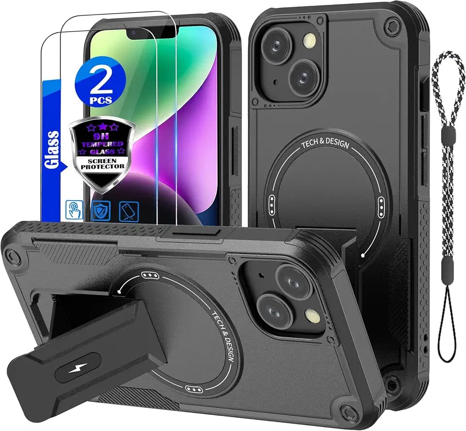 for iPhone 13 case/iPhone 14 case[Compatible with MagSafe][with 2*9H Tempered Glass Screen Protector], Built in Invisible Stand, Not fading，Shockproof Protective Phone Cover 6.1-inch(Black)