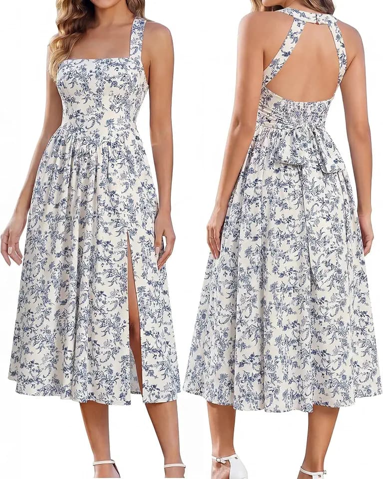 EYNMIN Halter Midi Corset Flowy Bow Tie Slit Summe Wedding Guest Dress