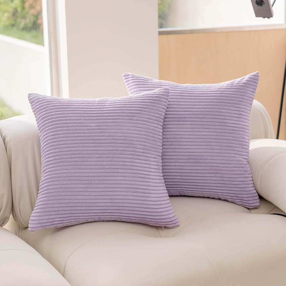 Demetex Kissenbezüge für Kissen 45 x 45 cm Quadratisch Kordsamt Flieder Kissenbezüge Lila Kissenbezüge für Wohnzimmer Stuhl Boden 45x45 cm 2er Set Lavendel