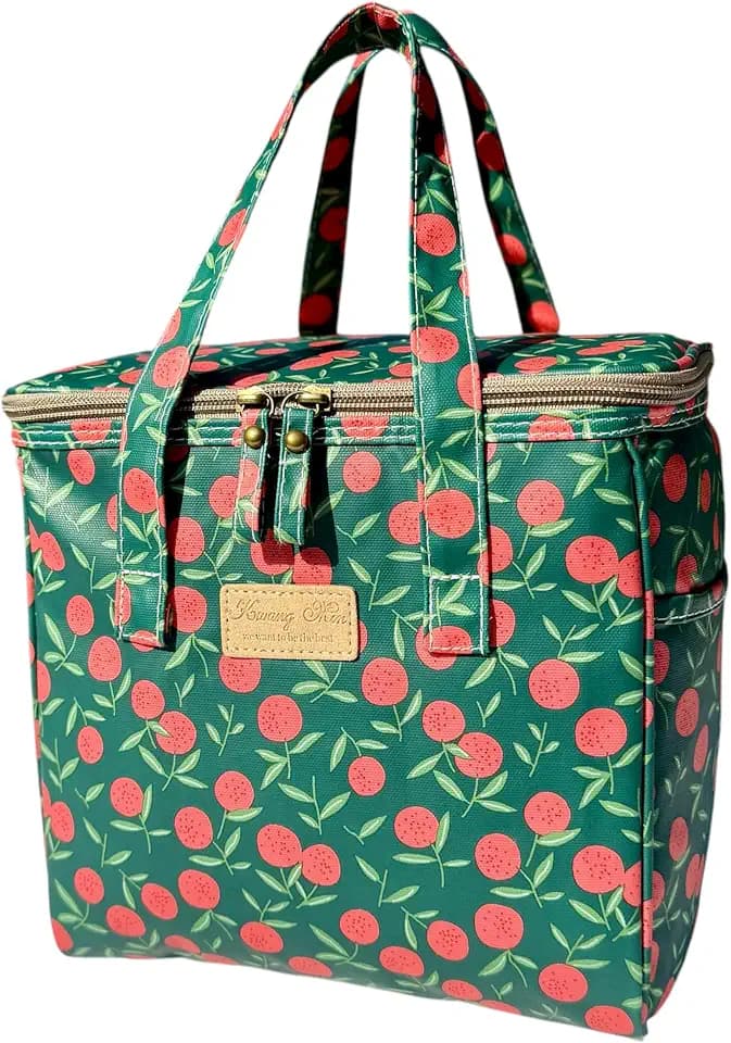 Kwang Min Fruit Insulated Lunch Bag for Women,Reusable Lunch Box,Large Cooler for Office,Picnic Outdoors,Waterproof Fabric,Ideal Summer Trip Bag (Cherry Green)