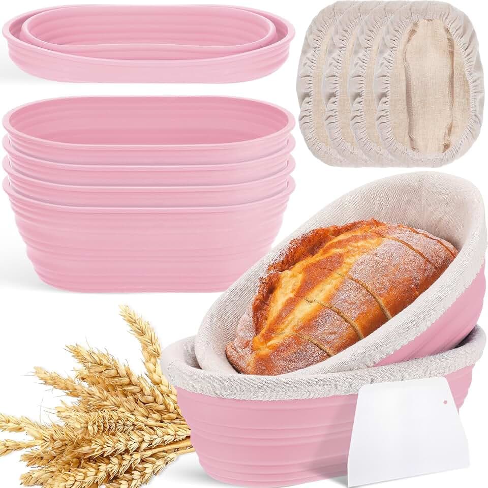 Nuogo 4 Pack Oval Bread Proofing Basket Silicone 10 Inch Collapsible,Pink