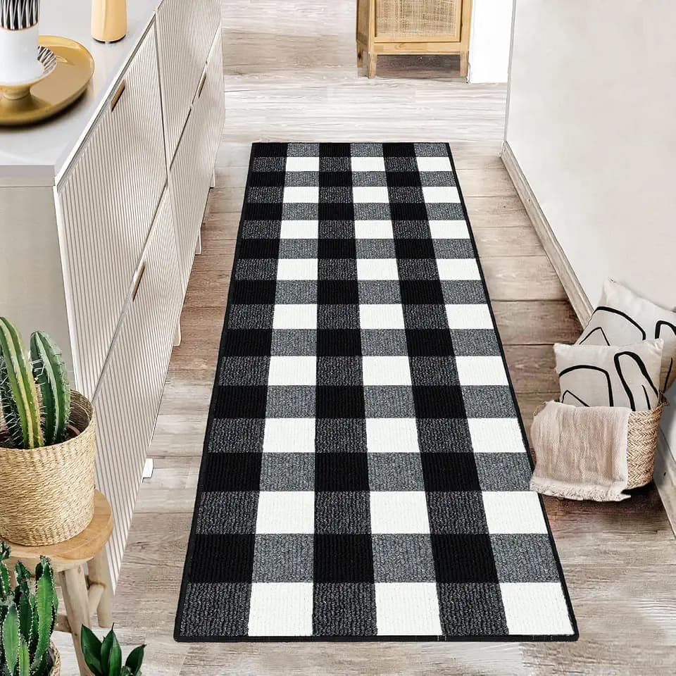 FONEYI Buffalo Plaid Checkered Rug 2'x6', Black and White Runner Rug