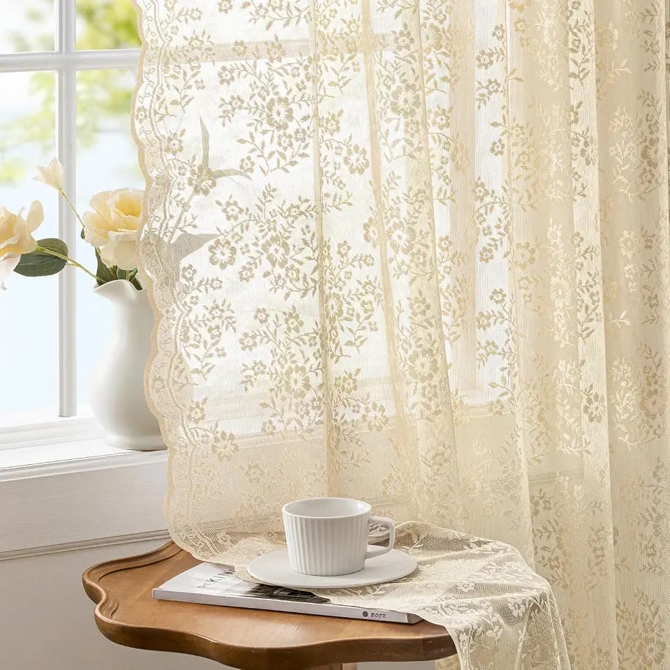 2 Panels Vintage Lace Curtains 63 Inches Long 52 x 63 Inch Beige