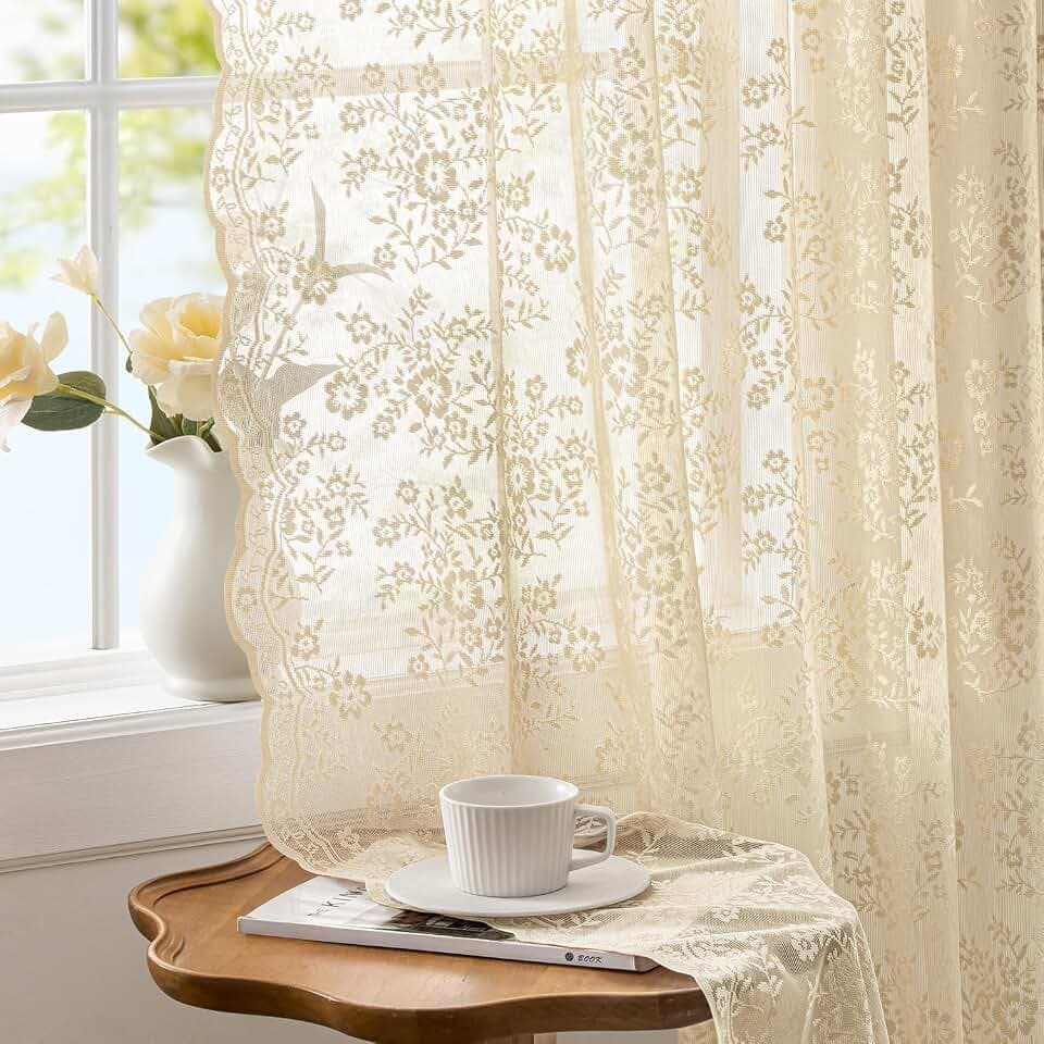 2 Panels Vintage Lace Curtains 54 Inches Long 52 x 54 Inch Beige