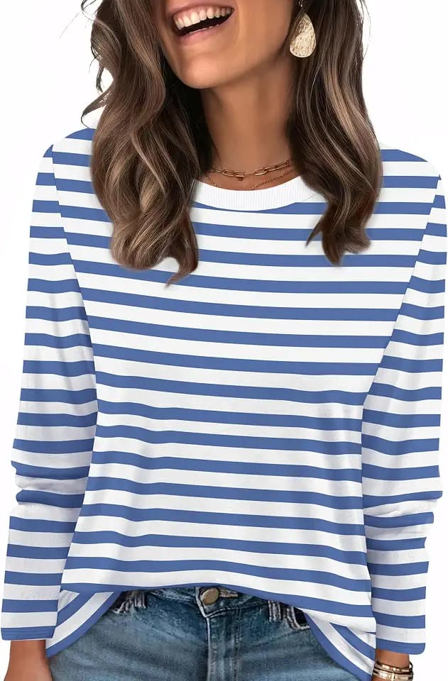 WIHOLL Womens Striped Long Sleeve Shirts Fall Outfits 2026 Color Block Tops Fashion Clothing Ribbed Crewneck Tee Blouses
