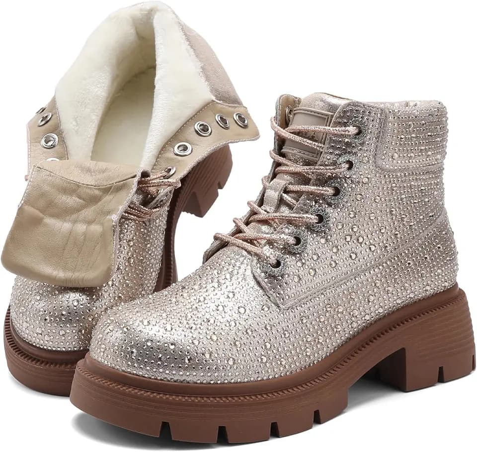 Rhinestone Boots for Women, Chunky Heel Women's Ankle Boots Lace-up Sparkly Boots with Rubber Sole