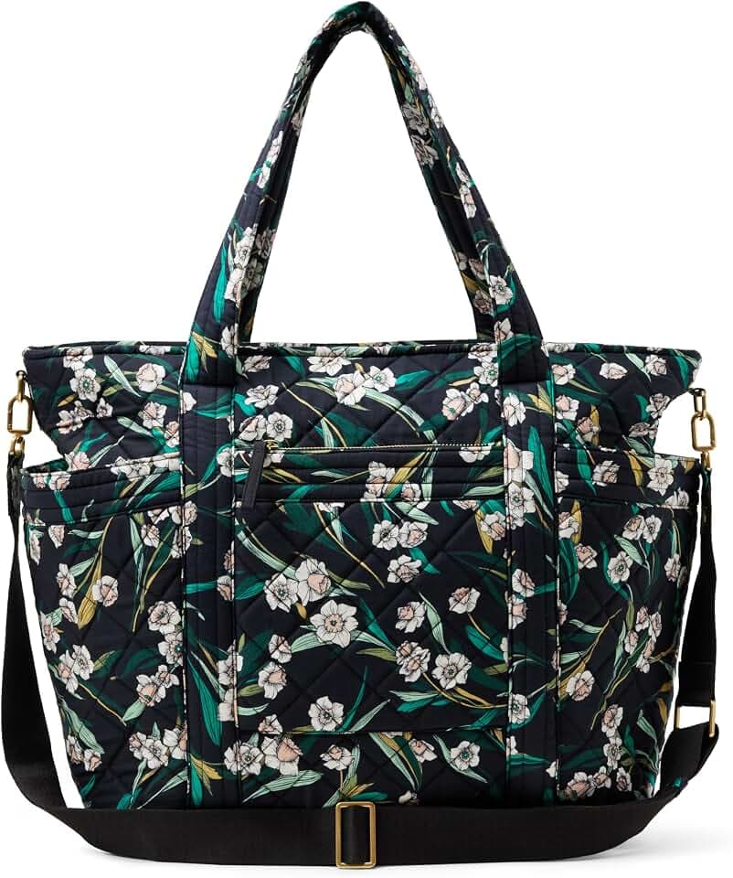 Amazon Essentials Women's Quilted Cotton Travel Tote Bag, Black Floral, One Size