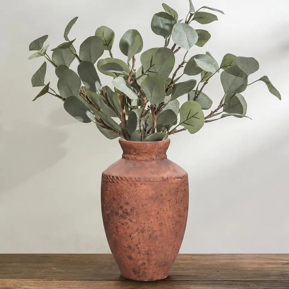 Terracotta Vase, 10 Inch Large Ceramic Flower Vases Rustic Farmhouse Pottery Vase for Home Decor Fireplace Entryway Kitchen Living Room Shelf Mantle Table Decor Brown