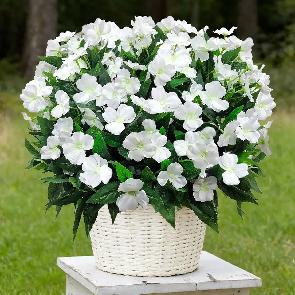 8 Bundles Artificial Impatiens for Outdoors UV Resistant Artificial Outdoor Flowers Bouquet Fake Flowers Faux Plants Silk Flowers for Outside Front Porch Garden Window Box Planters Decor (White)