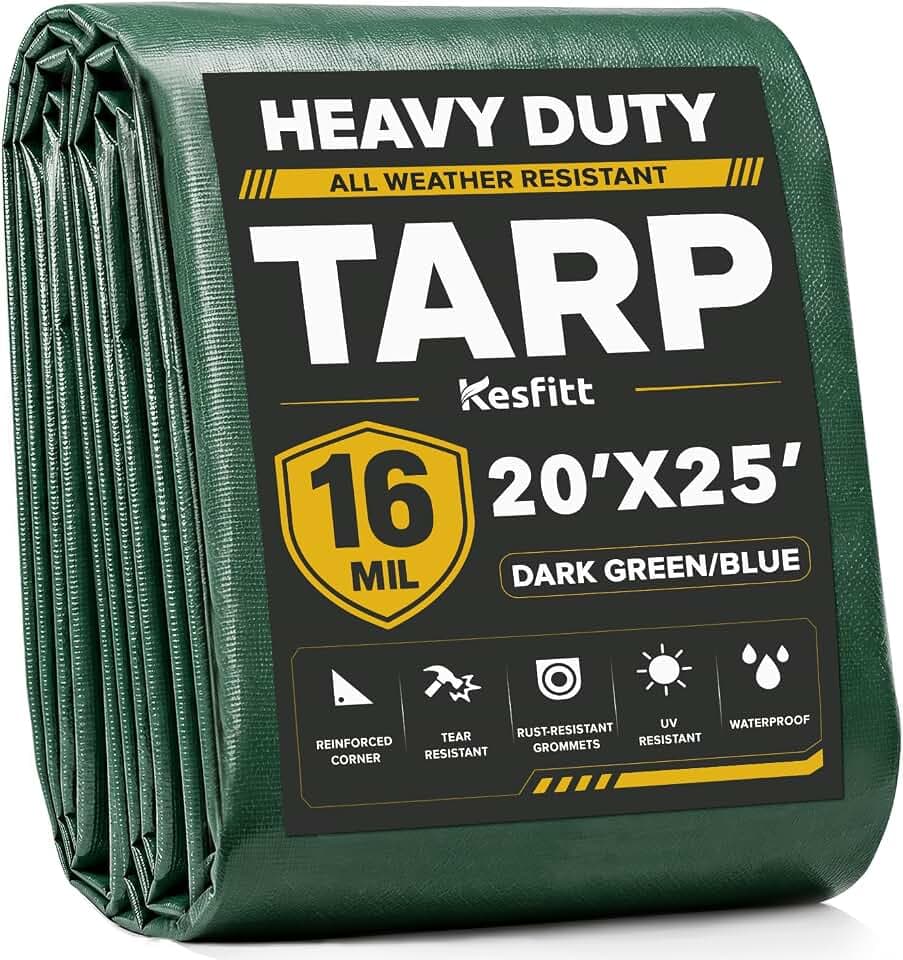 Kesfitt 16 Mil Heavy Duty Waterproof Tarp, 20x25 FT, Dark Green & Blue