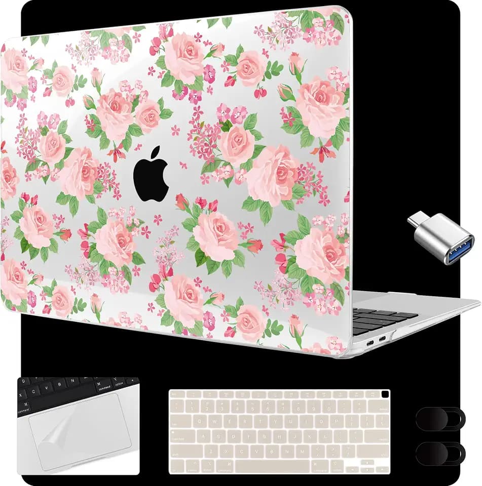 MEEgoodo for MacBook Air 13.3 inch Case 2021 2020 2019 2018 A2337 M1 A2179 A1932, Laptop Shell for MacBook Air M1 with Keyboard Webcam Cover & Trackpad Film & Type C Adapter,Floral Ornamental Texture