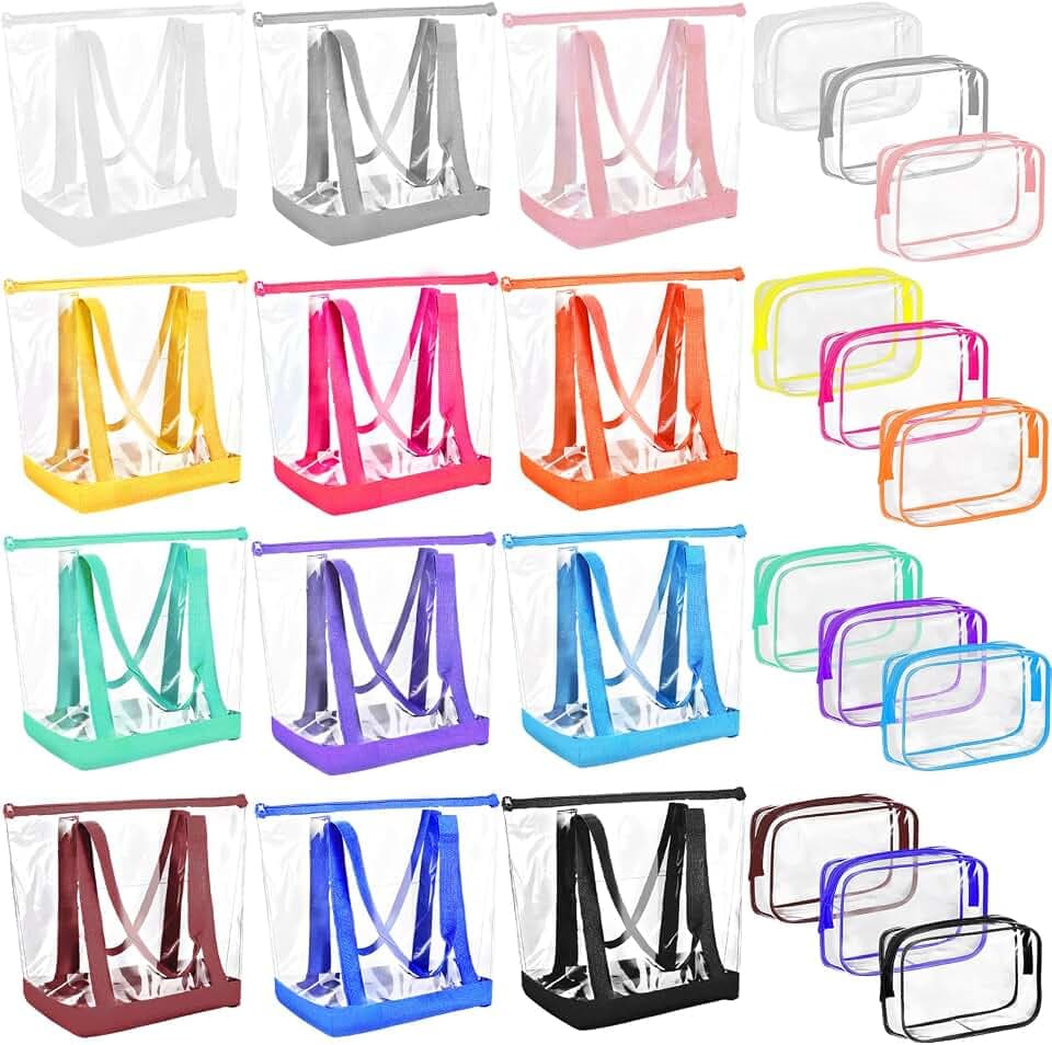 Sweetude 48 Pcs Clear Tote Bags with Makeup Bags, 16x13x5.5 Beach Tote Bags Bulk Waterproof for Women Team Travel Stadium (Multicolor)