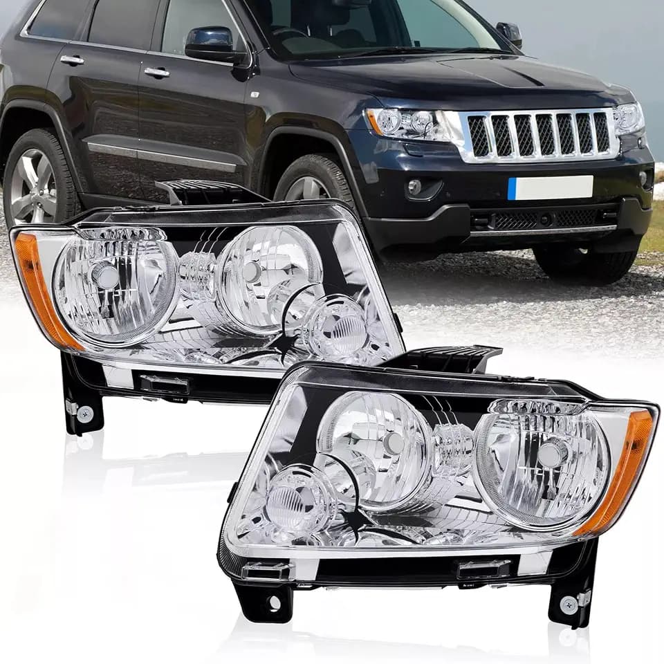 MOSTPLUS Headlight Assembly Compatible for 2011-2013 Jeep Grand Cherokee / 2011-2017 Compass Front Lamp Chrome Housing Clear Lens Amber Corner (set of 2)