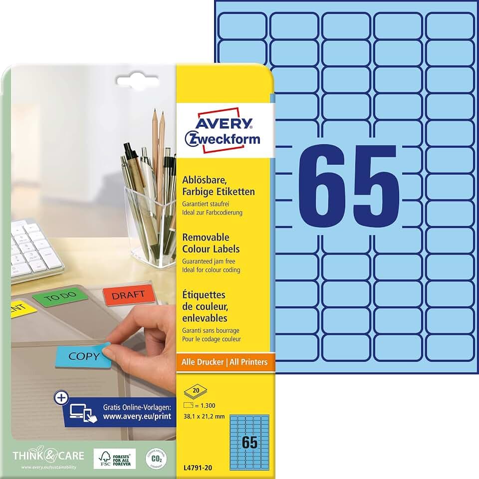 AVERY Zweckform L4791-20 Blaue Etiketten (1.300 Aufkleber, 38,1x21,2 mm auf A4, wieder rückstandsfrei ablösbar, selbstklebende Farbetiketten, Papier matt, bedruckbare, farbige Klebeetiketten) 20 Blatt