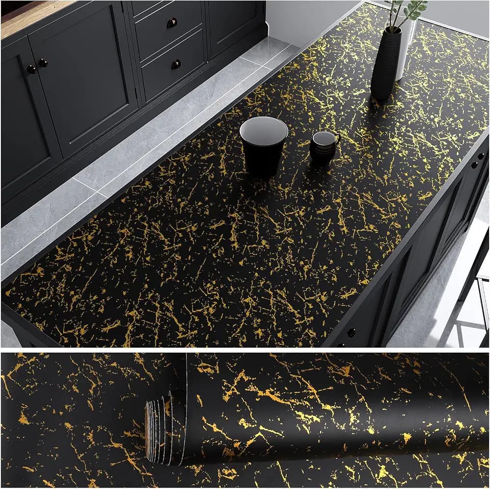 VEELIKE Klebefolie Marmoroptik Schwarz Gold 81cm×300cm Marmor Tapete Selbstklebend Folie Küchenrückwand Mamorfolie für Küche Arbeitsplatte Marmortapeten Wand Gold Wandtapete Badezimmer Wasserfest