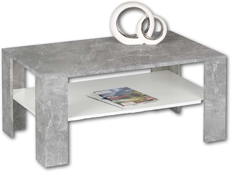 JOKER Couchtisch Beton-Optik, Weiß Sofatisch mit 2 Ebenen, 100 x 44 x 60 cm