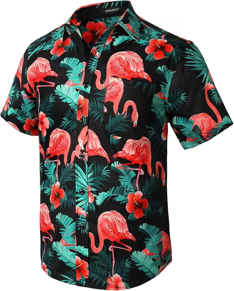 HISDERN Funky Herren Hawaiihemd Kurzarm Vordertasche Urlaub Sommer Hawaii-Hemd Hawaii Strand
