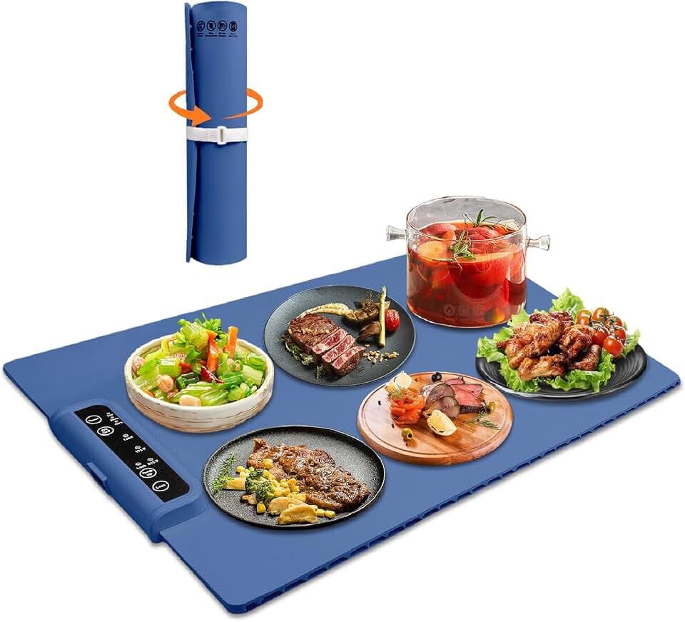 Food Warming Mats for Countertop, Electric Warming Trays for Buffets Party, Portable Food Warmer, Silicone Heating Mat for Food, Roll Up Warming Mat for Food, Blue