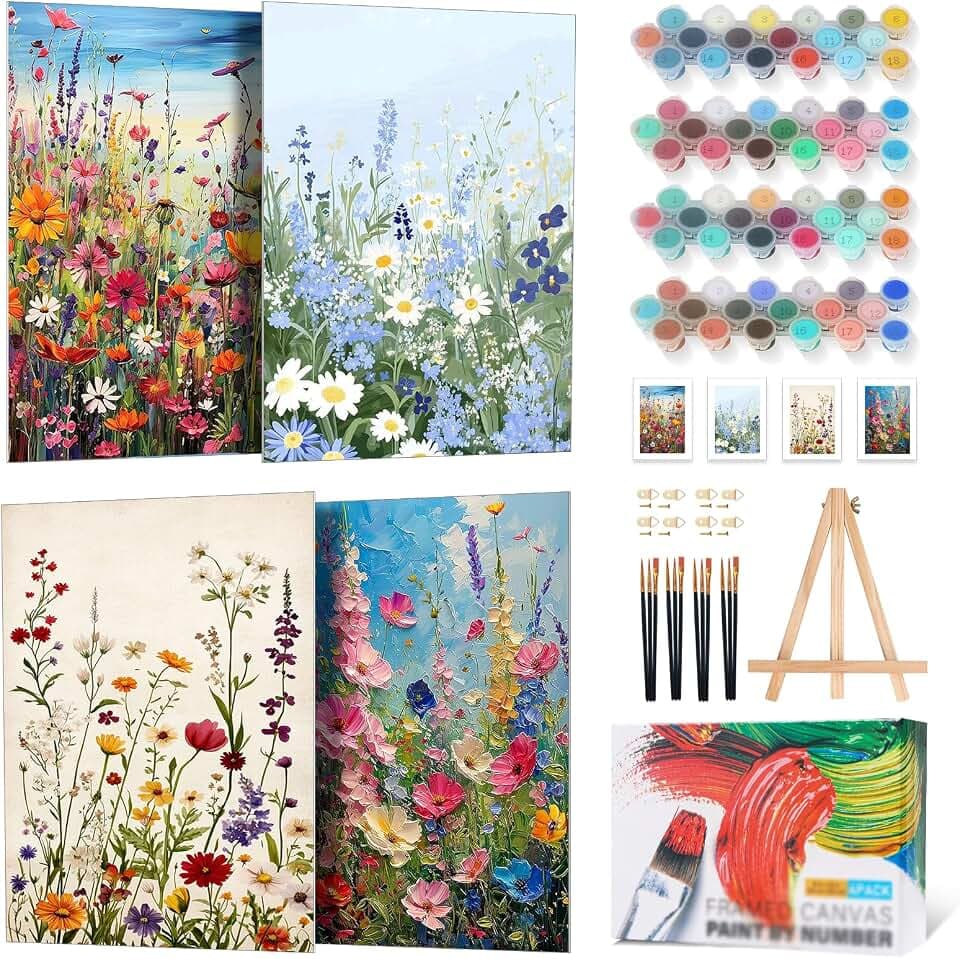 4 Pack Framed Paint by Numbers Kit for Adults Wildflowers with Wooden Easel