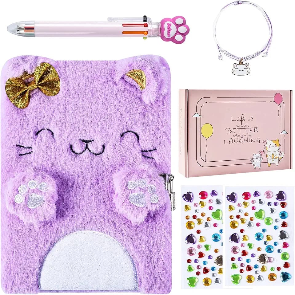PJDRLLC Cat Diary with Lock and Keys for Girls - Plush Notebook for 6-10