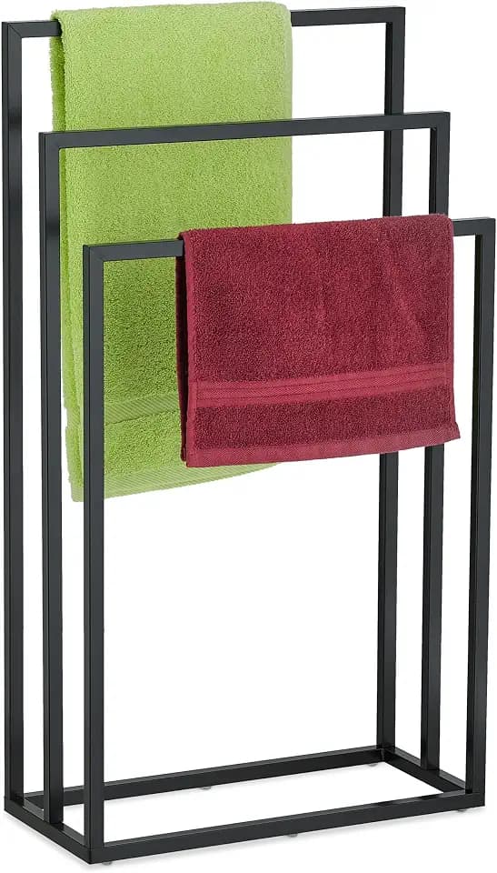 Relaxdays Handtuchständer, 3 Stangen, Stahl, H x B x T: 82,5 x 46 x 21 cm, stehender Duschtuchhalter fürs Bad, schwarz